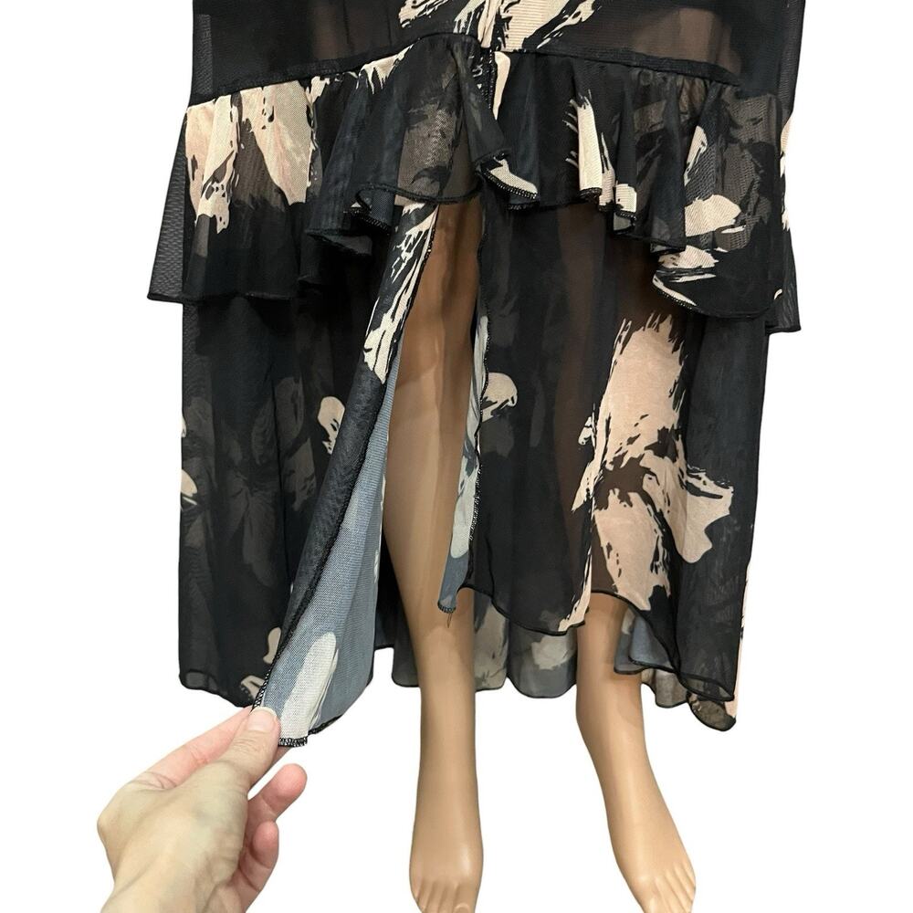 Gothic Floral Maxi Dress Large Bell Sleeve Tiered Ruffle Mesh Witchy High Low - Picture 3 of 9